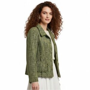 Reitmans Green Gold Tweed Fringe Covered Button Front Lined Blazer Size M